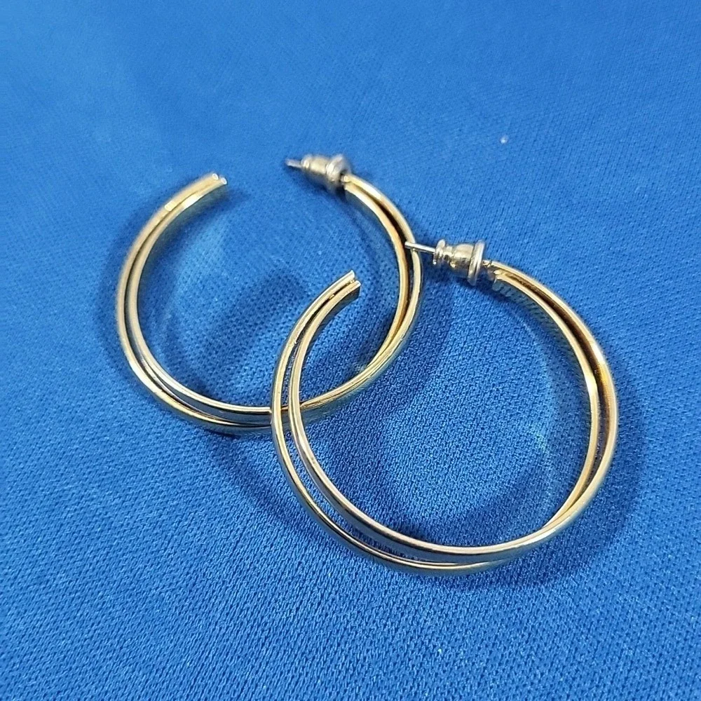Vintage 90s Earrings Gold-Tone Double Hoop Minimalist Pierced Posts